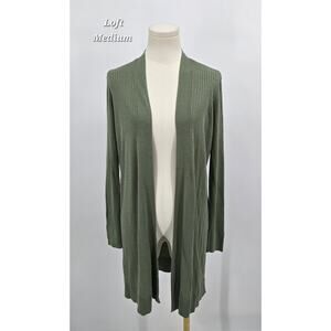LOFT Minimalist Open-Front Olive‎ Longline Ribbed Cardigan Sweater M
